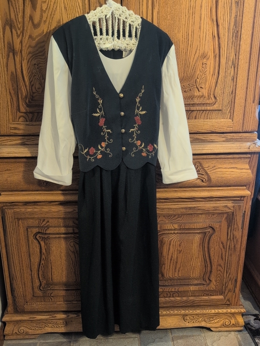 Classic Navy Midi Dress with Embroidered Vest